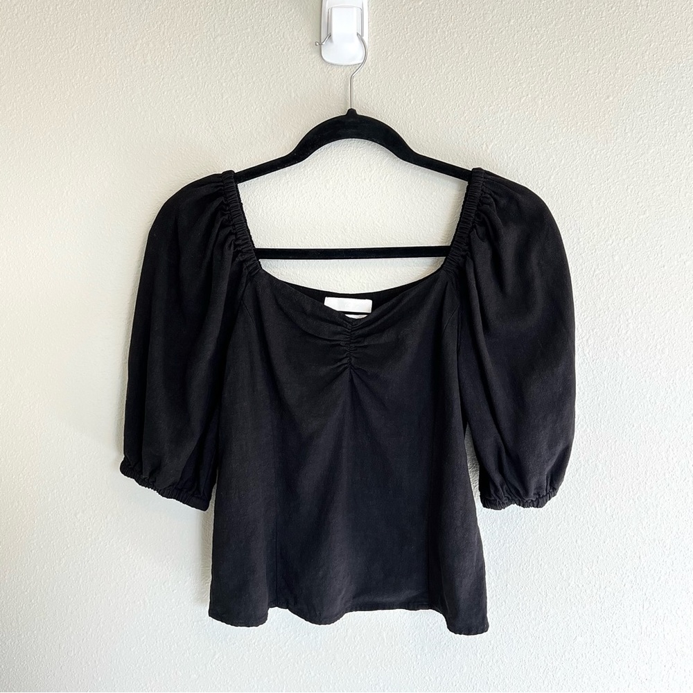 H&M Linen Blend Puff-Sleeve Top Blouse Black Sweetheart Neckline Size XXS